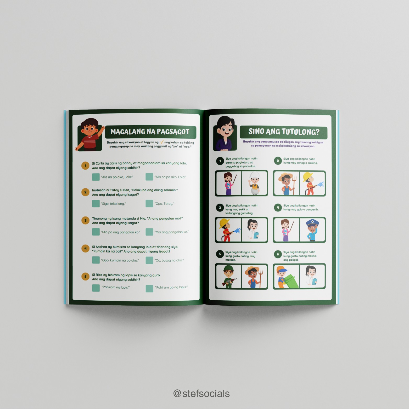 An open Filipino children’s activity book featuring illustrated exercises on polite responses using “po” and “opo,” and identifying community helpers such as teachers, firefighters, doctors, and police officers.