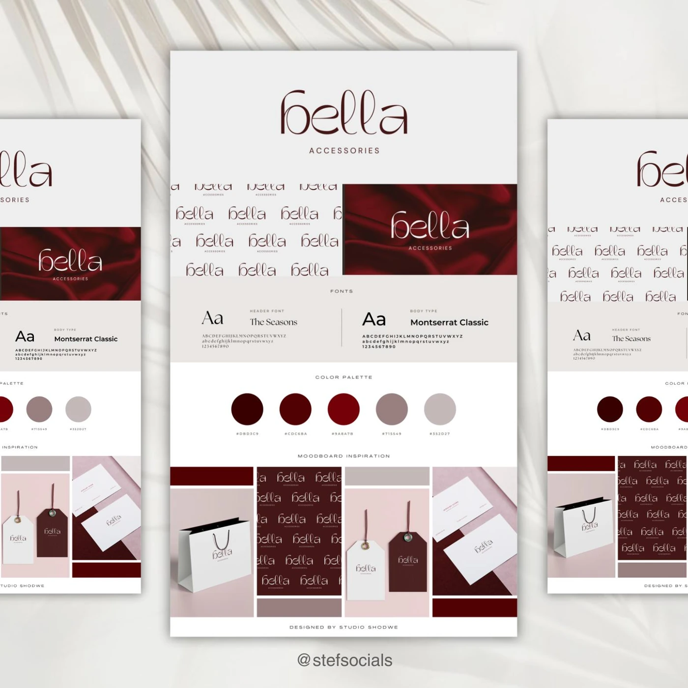 Bella brand boards showing typography, color palette, and visual applications