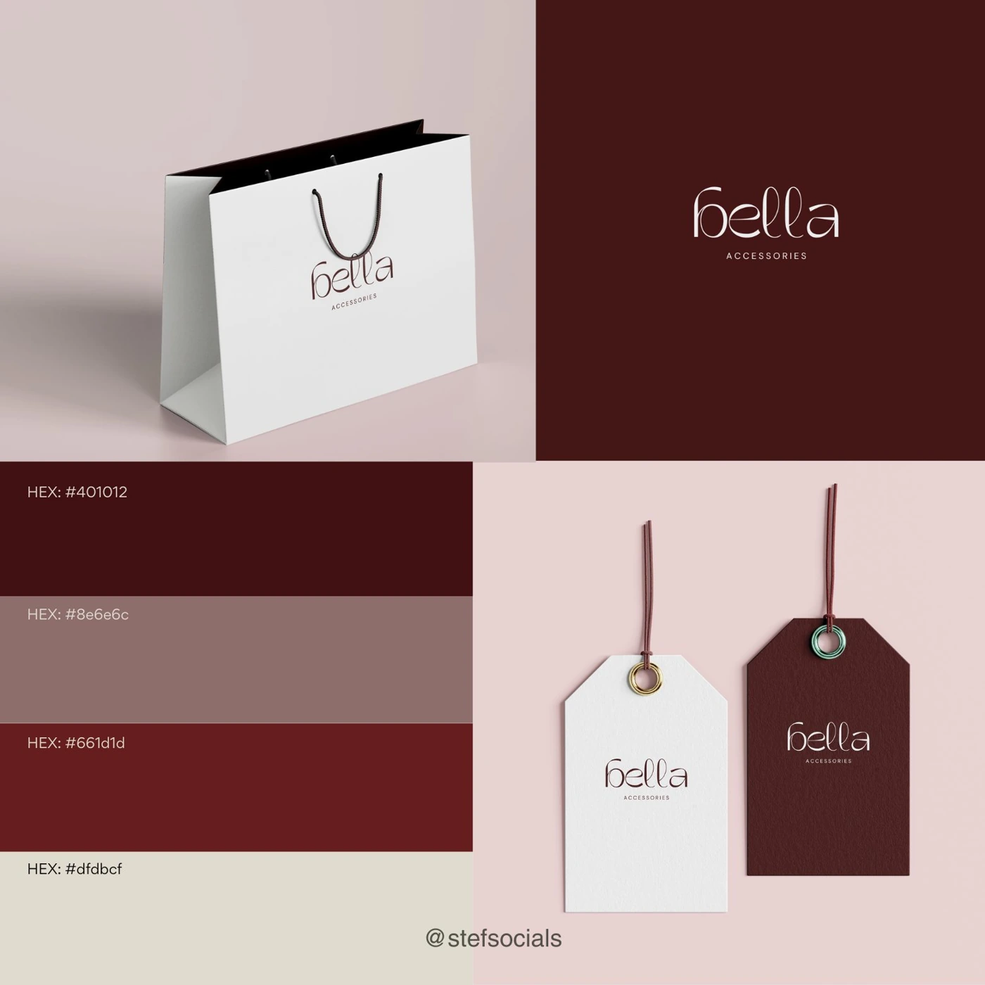Bella identity presentation with a shopping bag, burgundy palette, and clothing tags