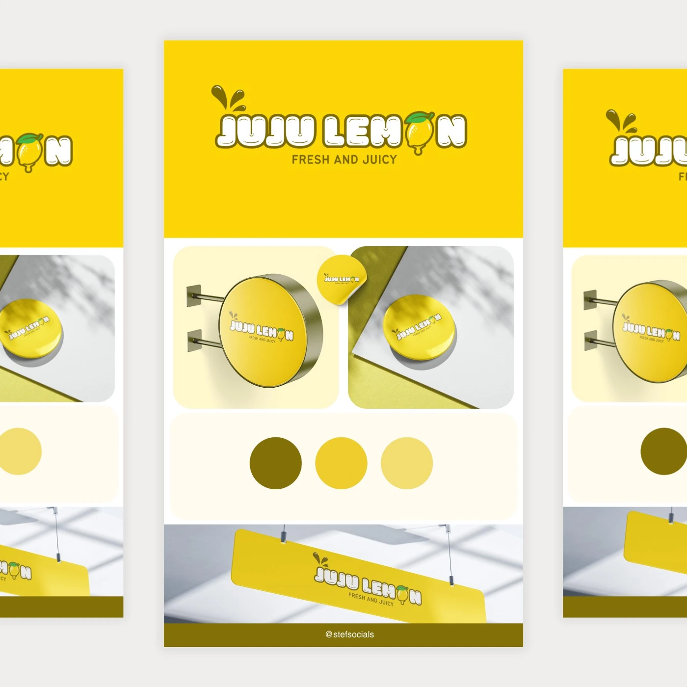 Juju Lemon yellow and white brand boards with lemon imagery and logo