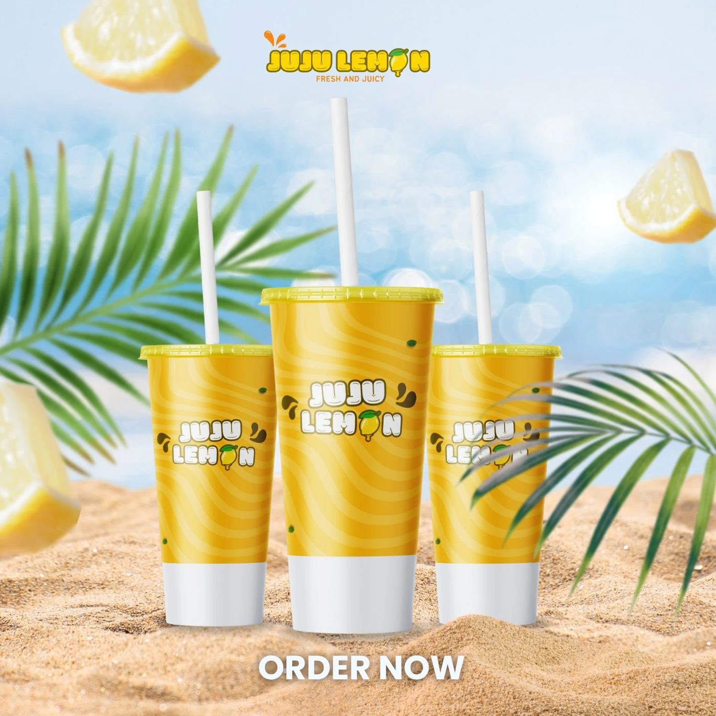 Juju Lemon promotional graphic showing branded drink cups against a sunny background