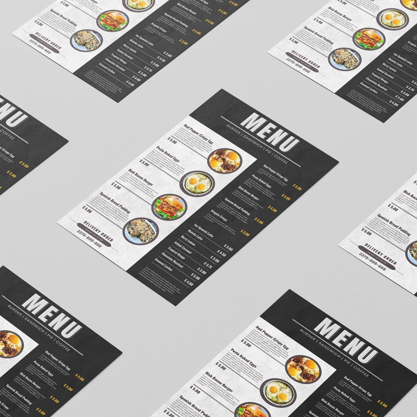 Repeated restaurant menu mockups showing the complete print design