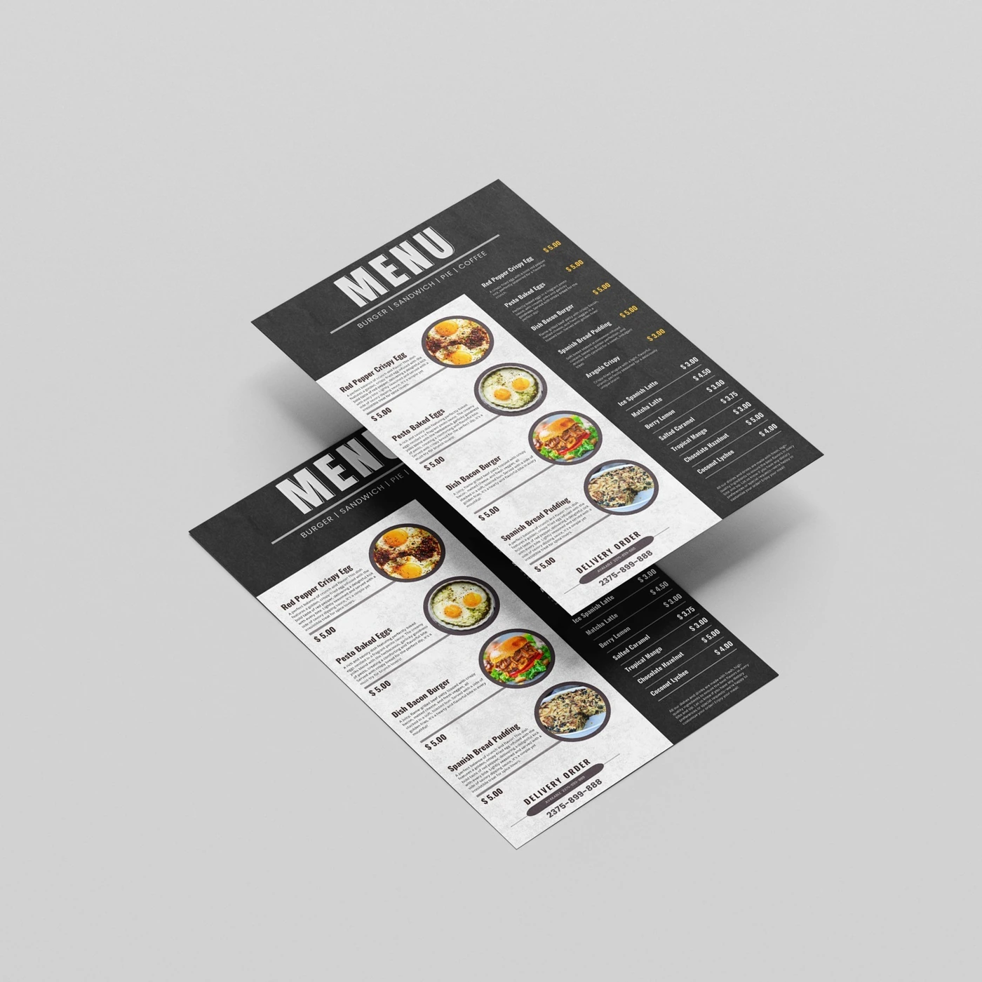 Restaurant menu design mockup with black and white columns and round food photos
