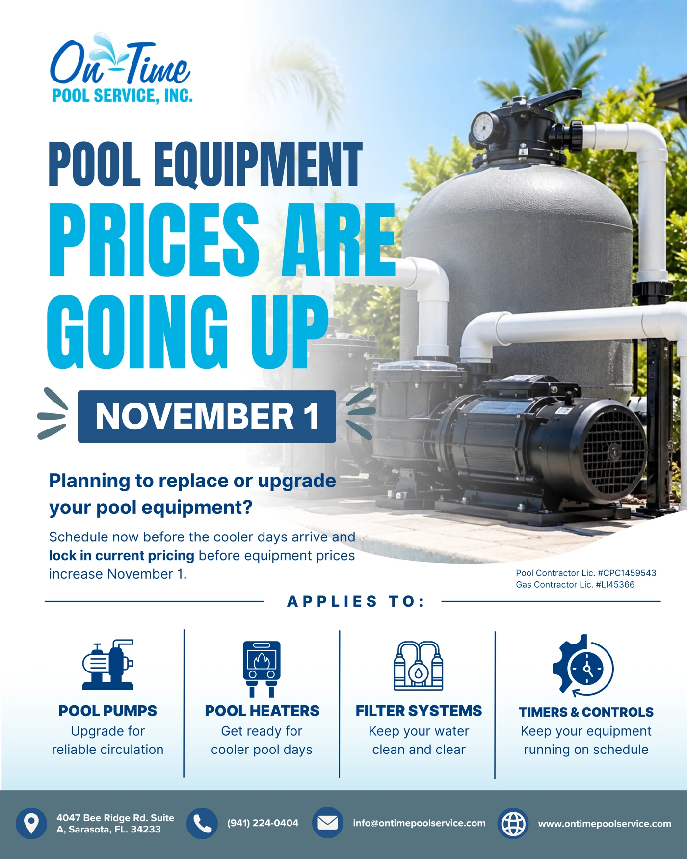 On-Time Pool Service promotional graphic announcing pool equipment price changes