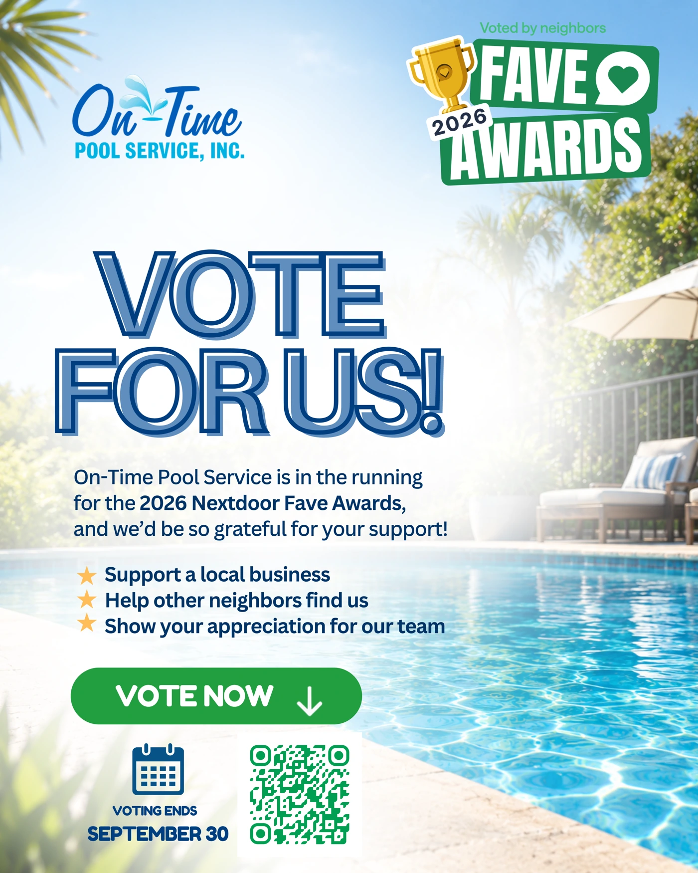 On-Time Pool Service graphic inviting customers to vote in the Nextdoor Fave Awards