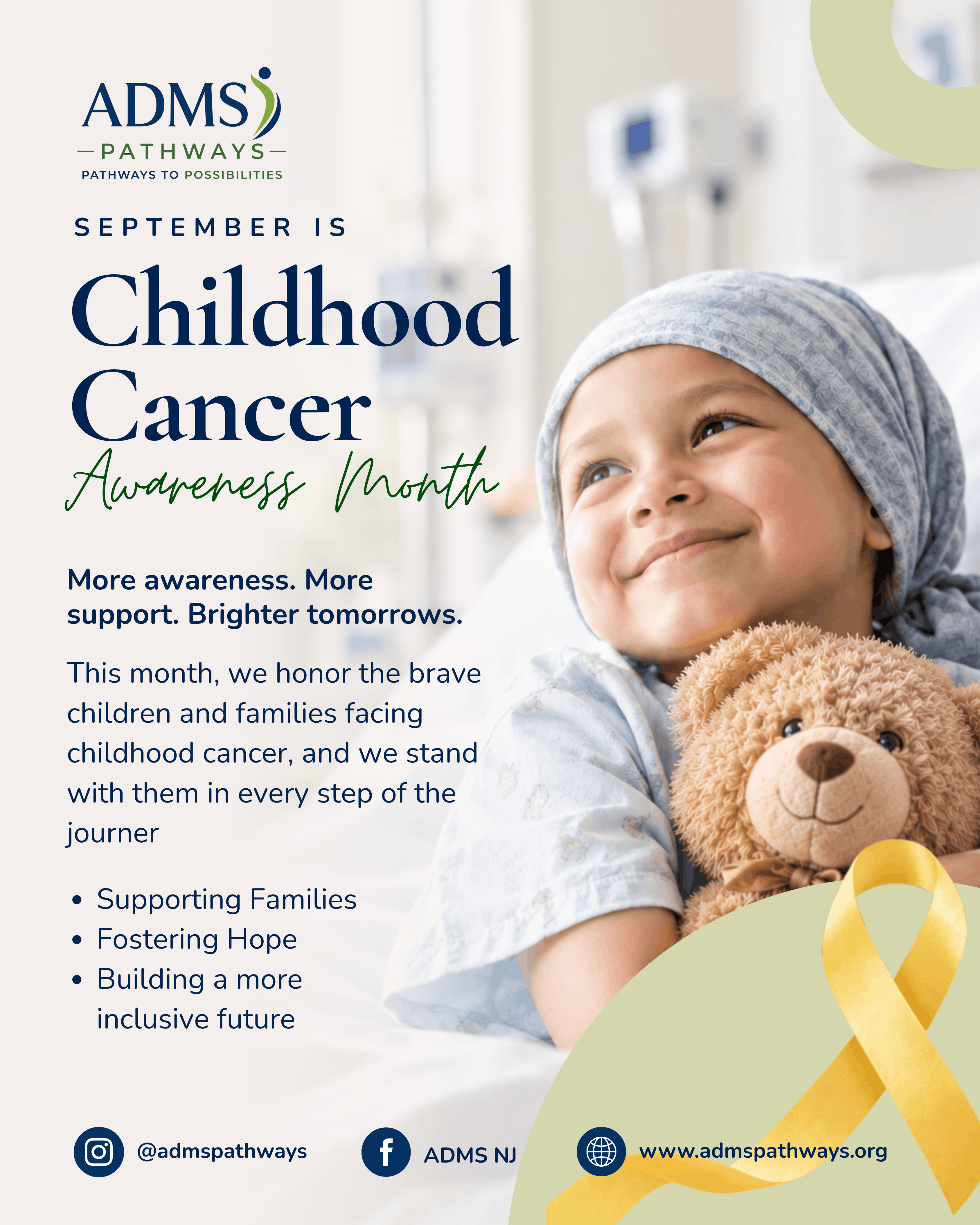 Childhood Cancer Awareness Month social media post for ADMS Pathways, featuring a child holding a teddy bear in a hospital setting.